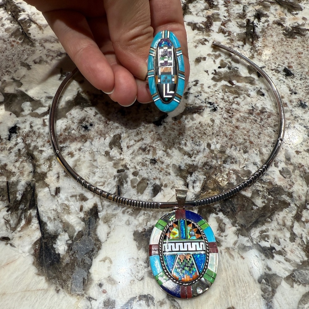 Native American Southwest Turquoise Choker Pendant and Ring
